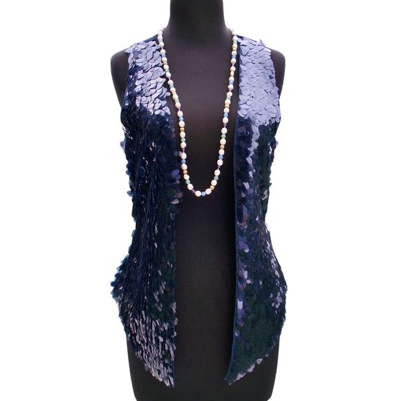 Cache Navy Shrug Vest Top Stretch Metallic LARGE Sequin Rib Knit $128 New NWT - Picture 1 of 5